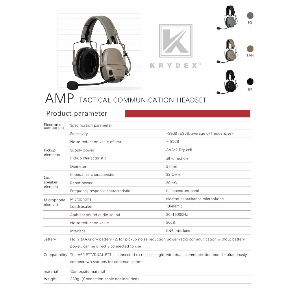 KRYDEX FCS AMP Tactical Headset Communication Noise Reduction Gear V20 V60 PTT