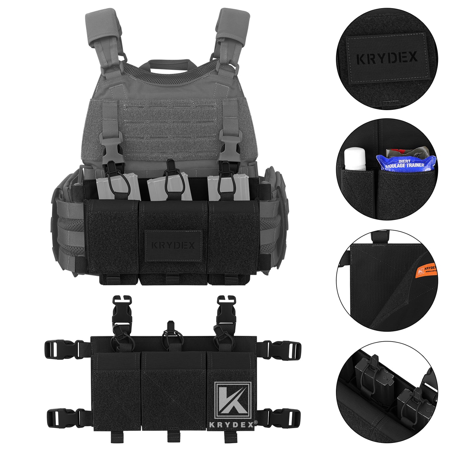 Krydex Tactical Triple 556 Magazine Pouch Placard 3x GP Pouches Detachable Mag Holders for Chest Rig and Vest