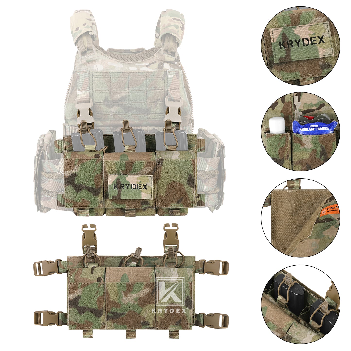 Krydex Tactical Triple 556 Magazine Pouch Placard 3x GP Pouches Detachable Mag Holders for Chest Rig and Vest