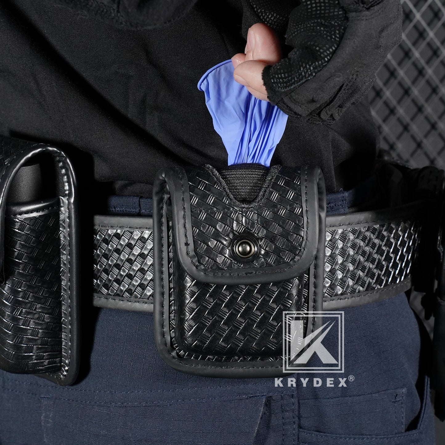 Krydex Glove Holder Basket Weave Molded Pager Pouch Latex Nitrile Disposable Gloves Pouch Fits 2" & 2.25" Duty Belt For Police Firefighter Law enforcement EMT Paramedic First Responders