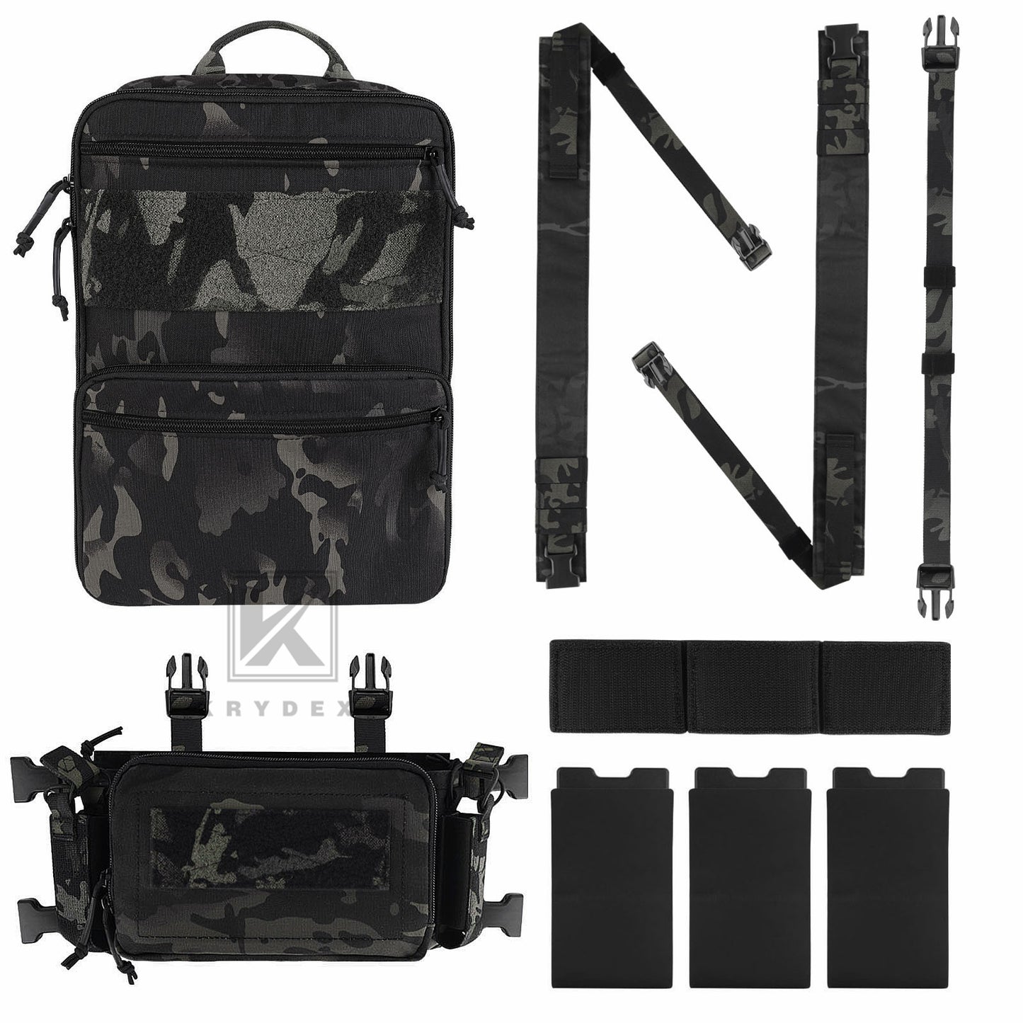 KRYDEX Tactical D3CR Chest Rig 5.56 7.62 Rifle Pistol Mag Pouch Placard Carrier with D3 Flatpack Tactical Backpack