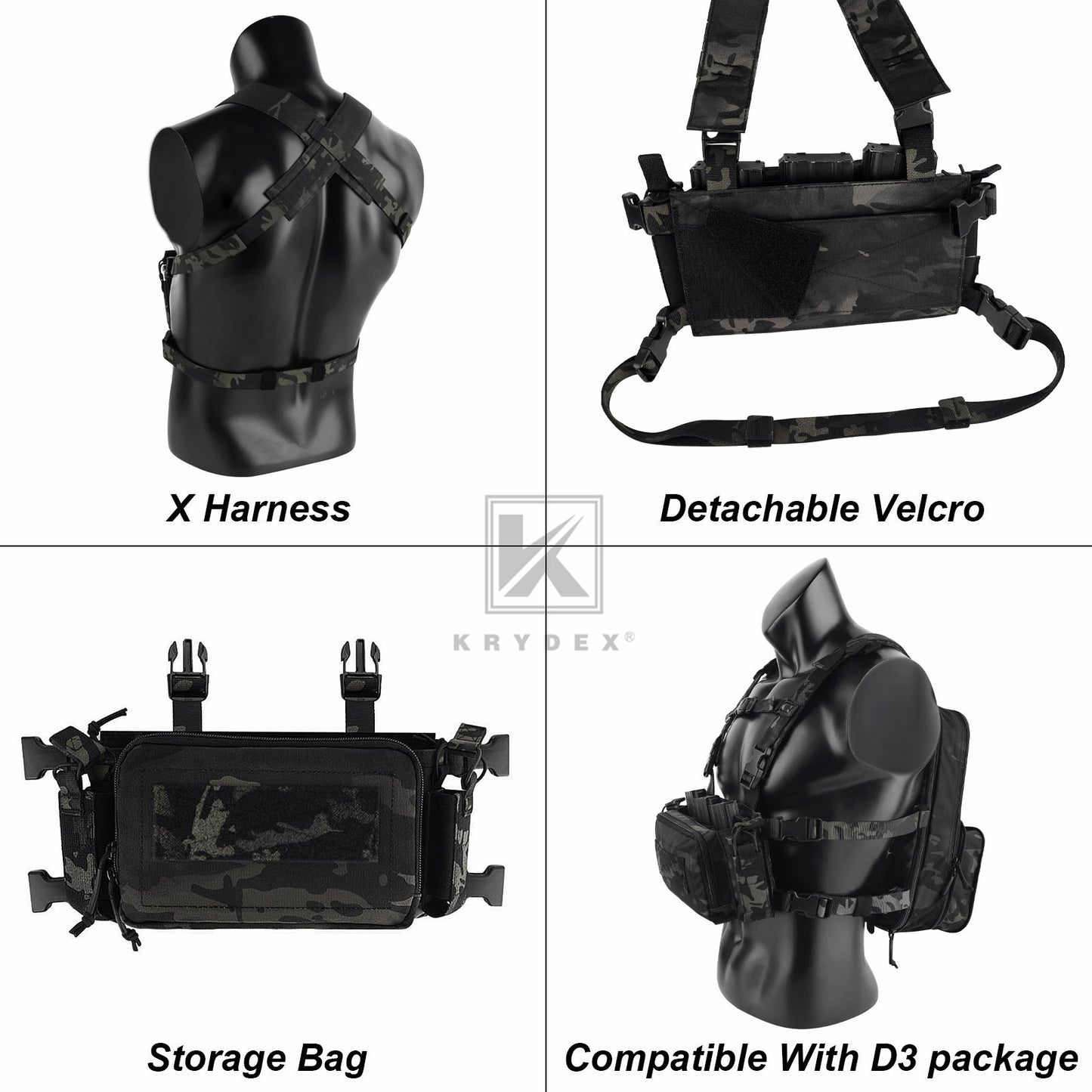 KRYDEX Tactical D3CR Chest Rig 5.56 7.62 Rifle Pistol Mag Pouch Placard Carrier with D3 Flatpack Tactical Backpack
