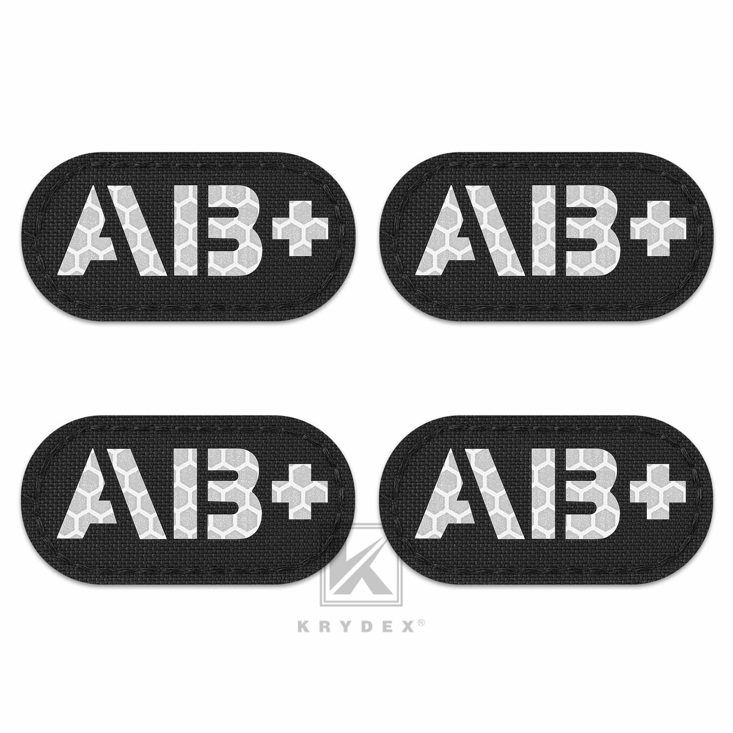 Krydex 4pcs AB+ POS Blood Type Patches Tactical Reflective Hook & Loop Badge First Aid Emergency IFAK Trauma Patch 2x1 In.