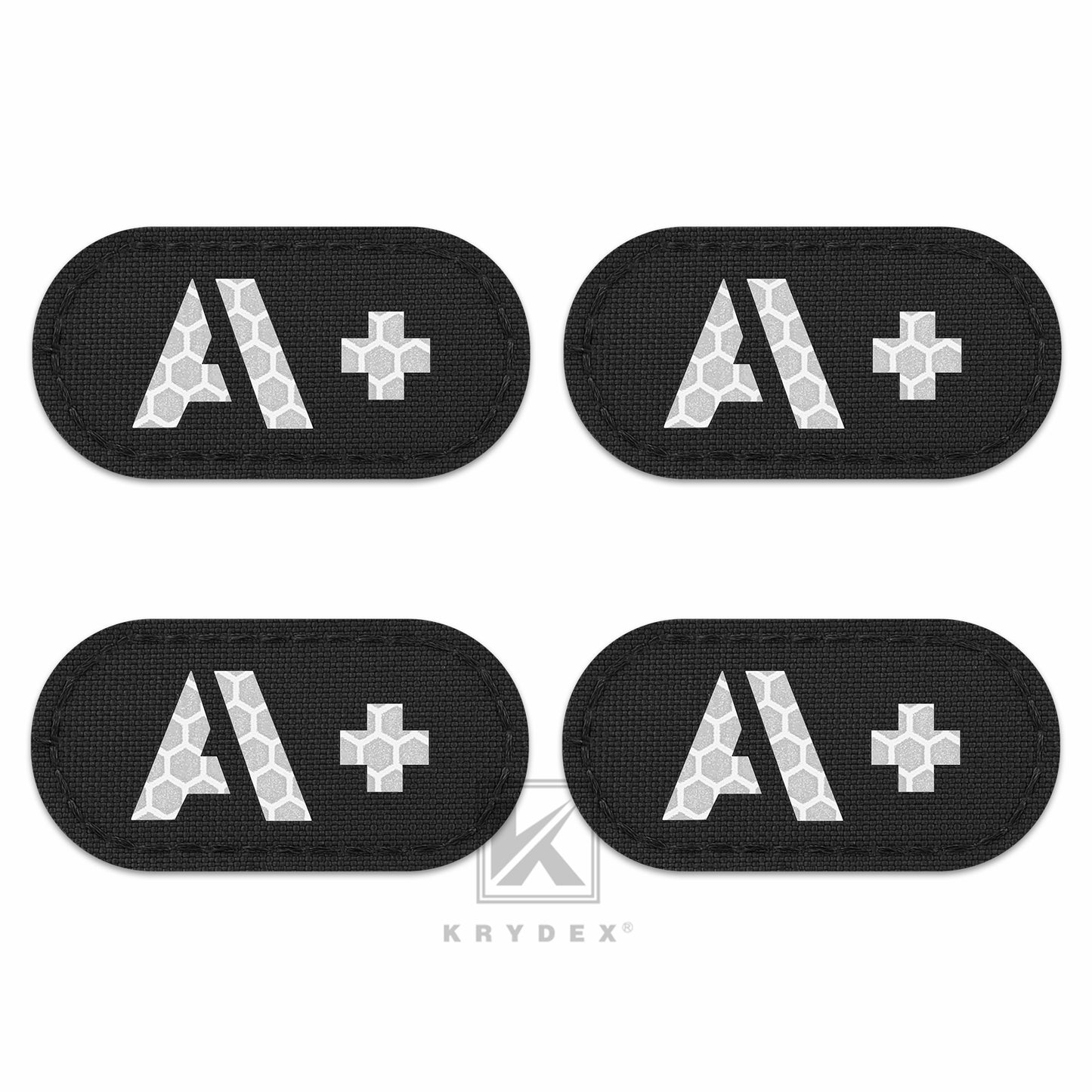 Krydex 4pcs AB+ POS Blood Type Patches Tactical Reflective Hook & Loop Badge First Aid Emergency IFAK Trauma Patch 2x1 In.