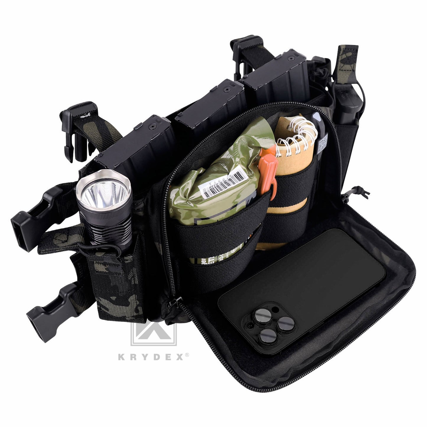 KRYDEX Tactical D3CR Chest Rig 5.56 7.62 Rifle Pistol Mag Pouch Placard Carrier with D3 Flatpack Tactical Backpack