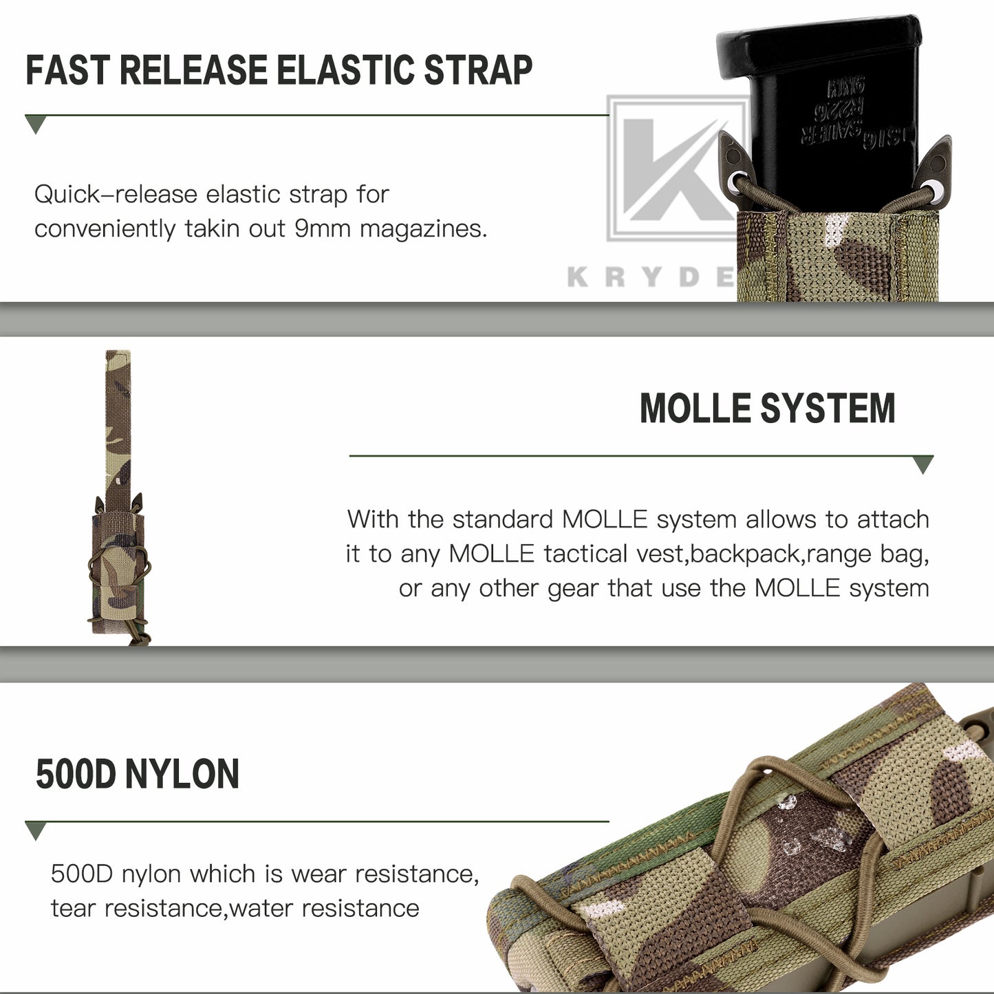KRYDEX Tactical Modular 9mm Single Pistol Open Top Magazine Pouch Mag Holder