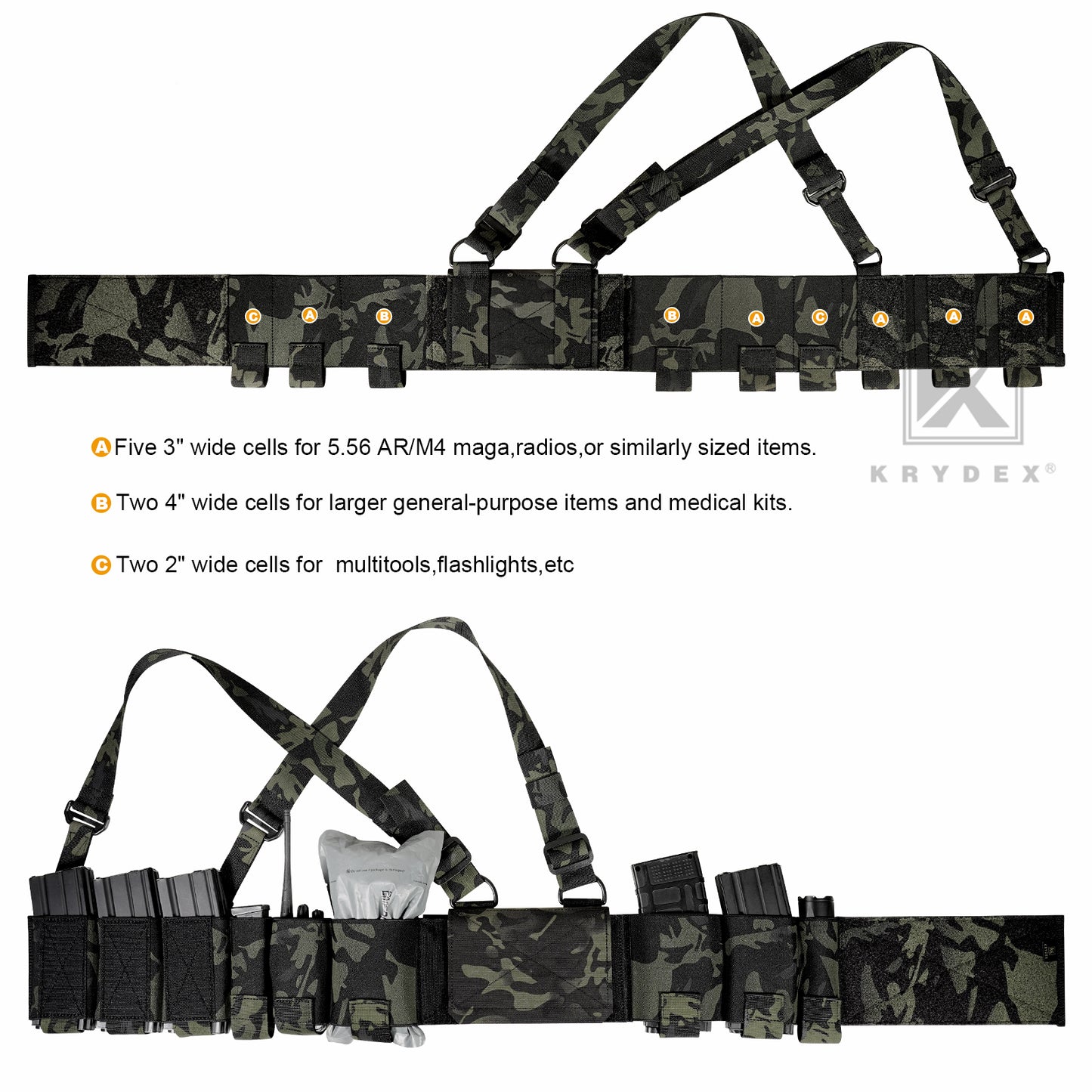 KRYDEX Tactical 5.56 Ready Rig Low Vis Chest Rig Elastic Cummerbund Concealed Lightweight Adjustable Vest