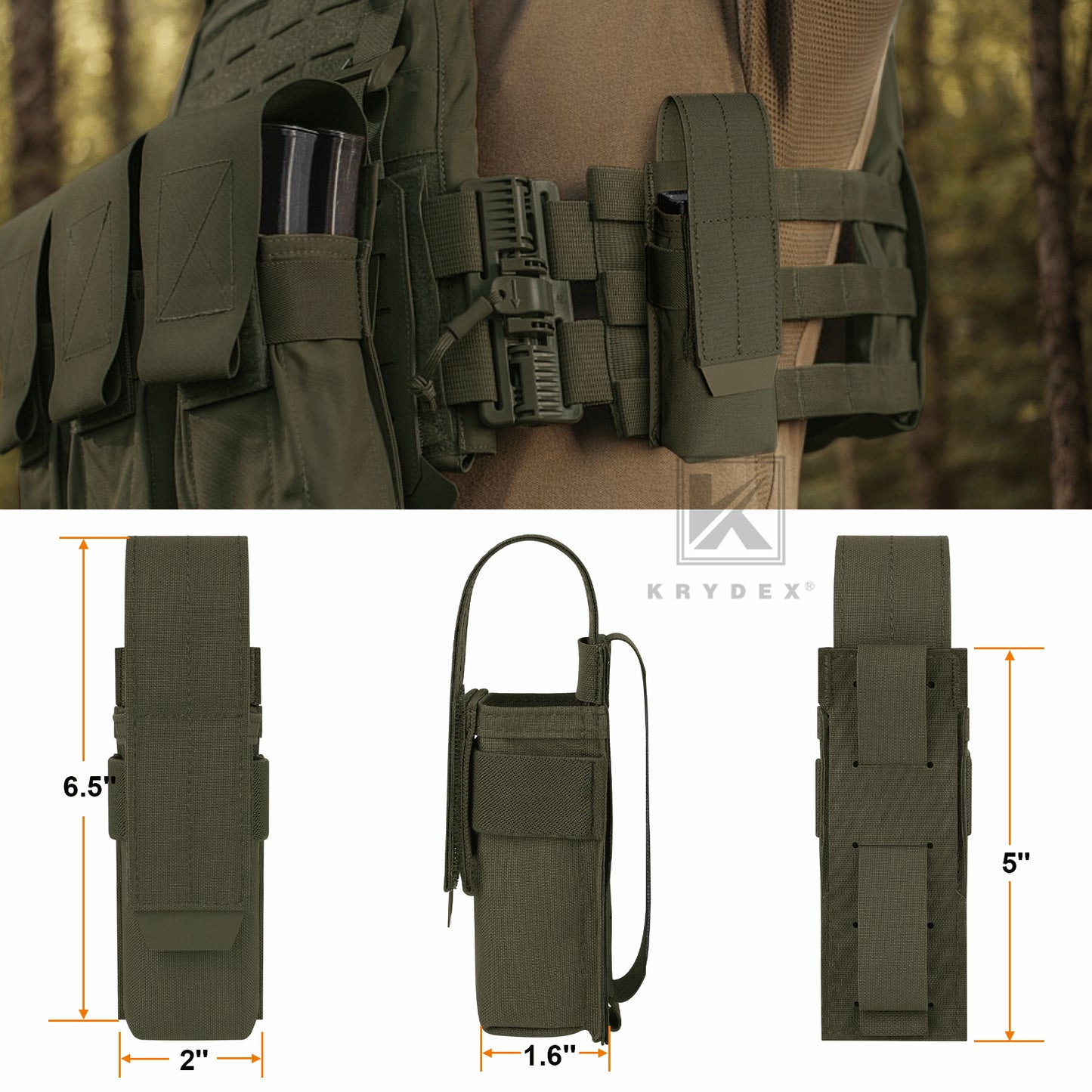 Krydex Tactical Flashlight Holster Low Profile Modular Flashlight Holder MOLLE PALS + Belt System