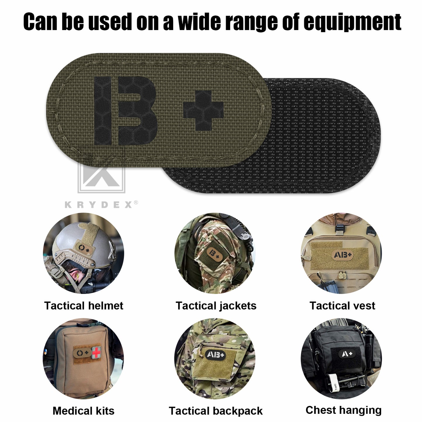 Krydex 4pcs AB+ POS Blood Type Patches Tactical Reflective Hook & Loop Badge First Aid Emergency IFAK Trauma Patch 2x1 In.