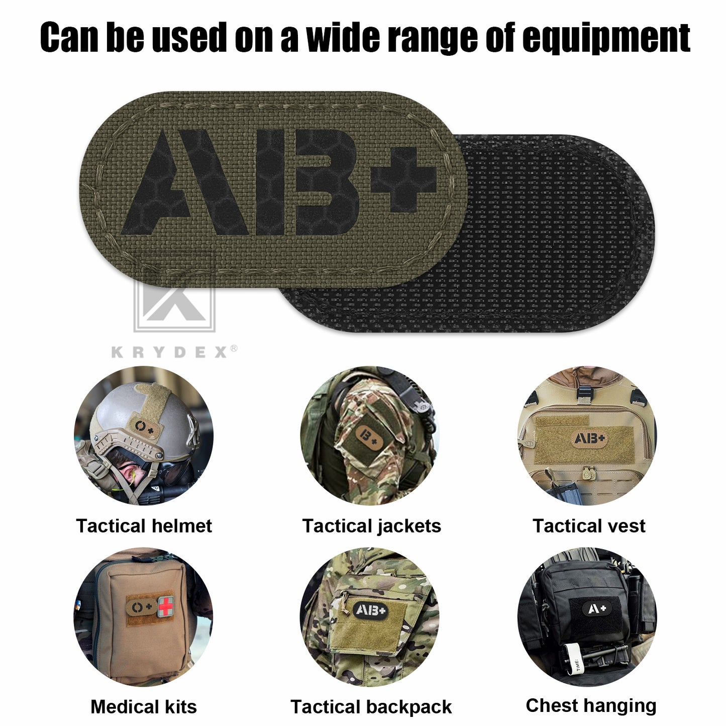 Krydex 4pcs AB+ POS Blood Type Patches Tactical Reflective Hook & Loop Badge First Aid Emergency IFAK Trauma Patch 2x1 In.
