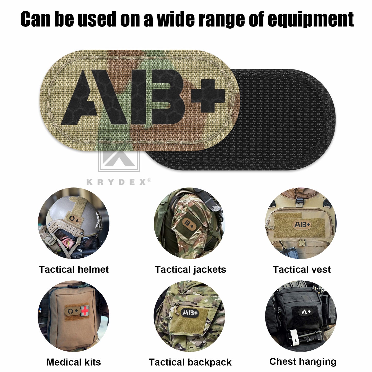 Krydex 4pcs AB+ POS Blood Type Patches Tactical Reflective Hook & Loop Badge First Aid Emergency IFAK Trauma Patch 2x1 In.