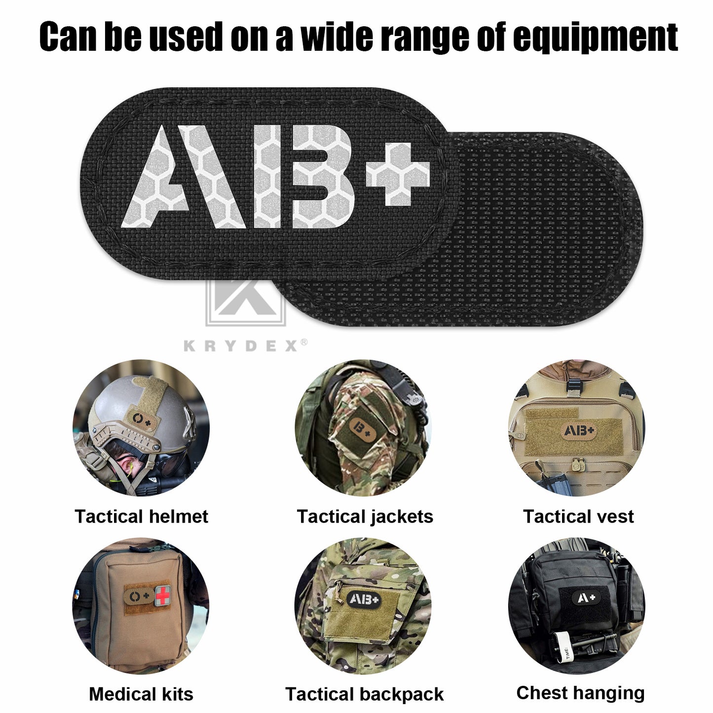 Krydex 4pcs AB+ POS Blood Type Patches Tactical Reflective Hook & Loop Badge First Aid Emergency IFAK Trauma Patch 2x1 In.