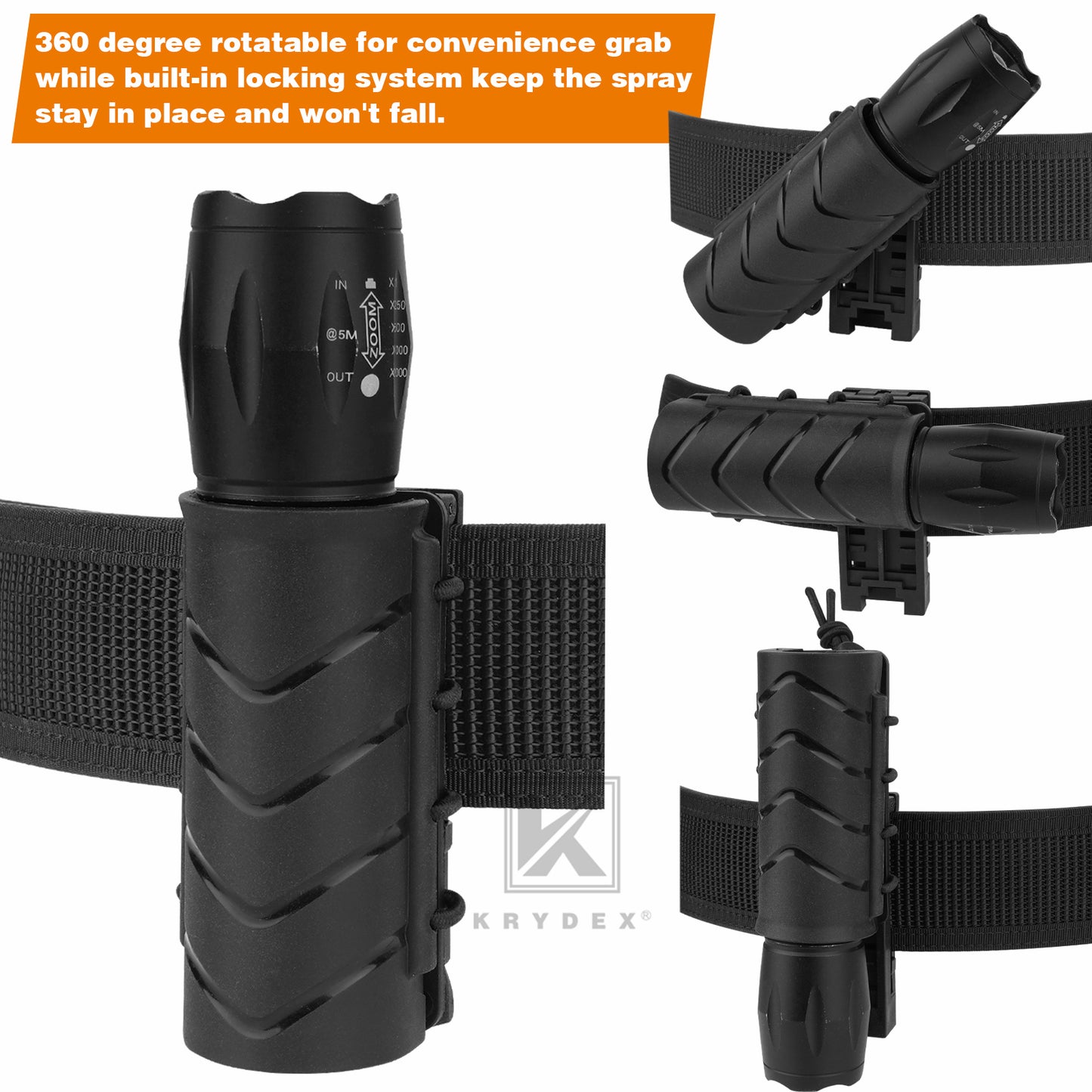 Krydex Flashlight Holder Rigid Torch Holster Tactical Light Carry Case Pouch 360 Rotating Police Duty Belt