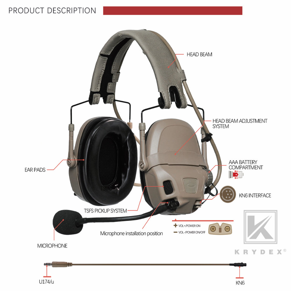 KRYDEX FCS AMP Tactical Headset Communication Noise Reduction Gear V20 V60 PTT