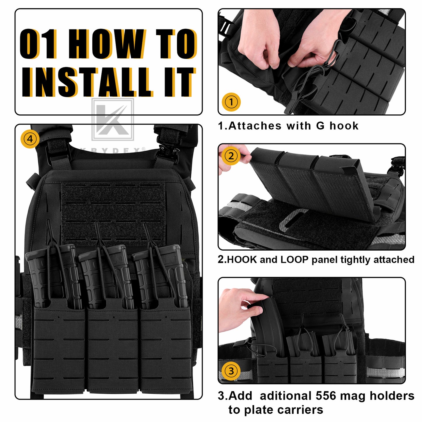 Krydex Tactical KTAR Front Flap 5.56 Triple Magazine Pouch for Tactical Vest Plate Carrier