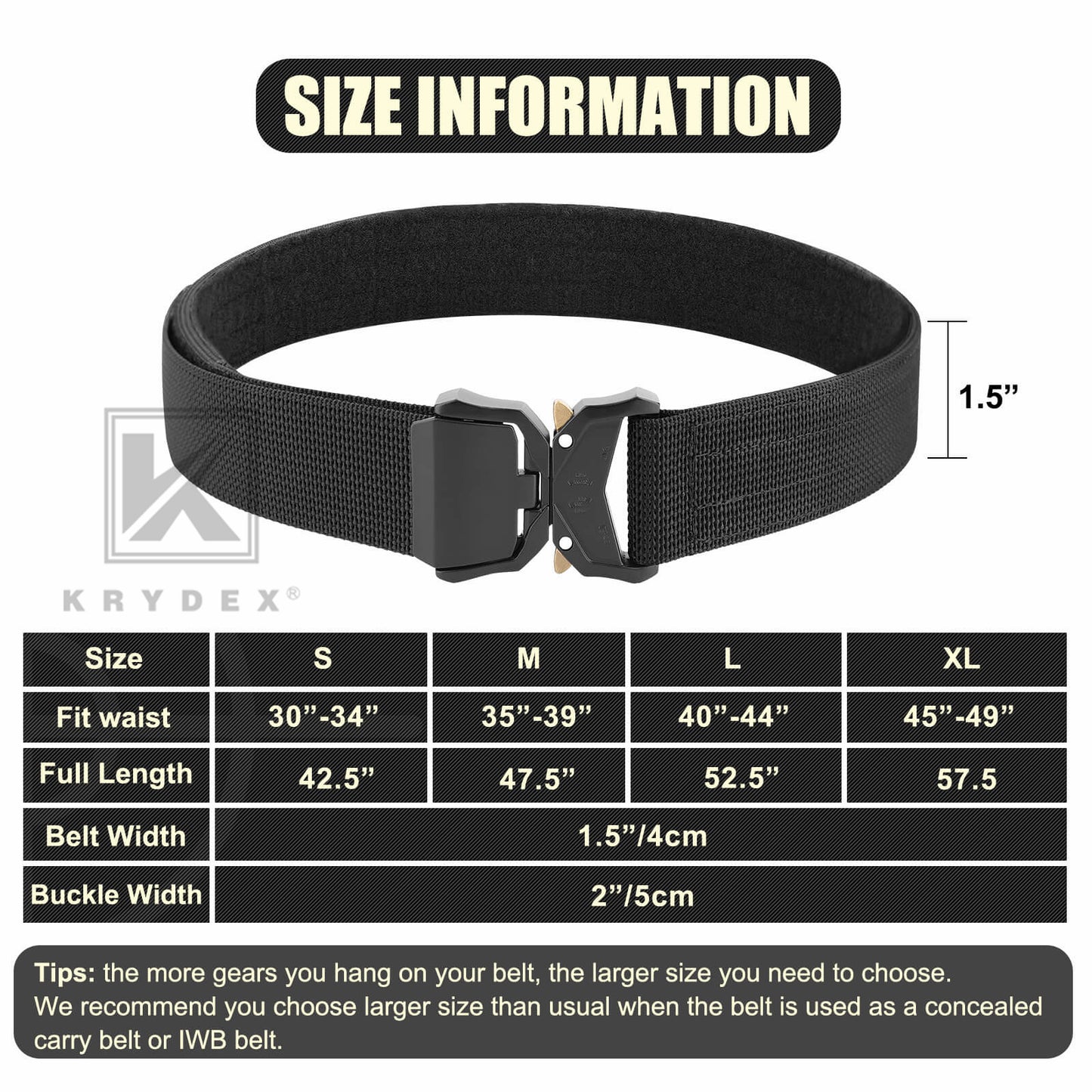 KRYDEX Quick Release 1.5" Heavy Duty Tactical Belt 2-Ply Nylon Metal Flip Top Buckle