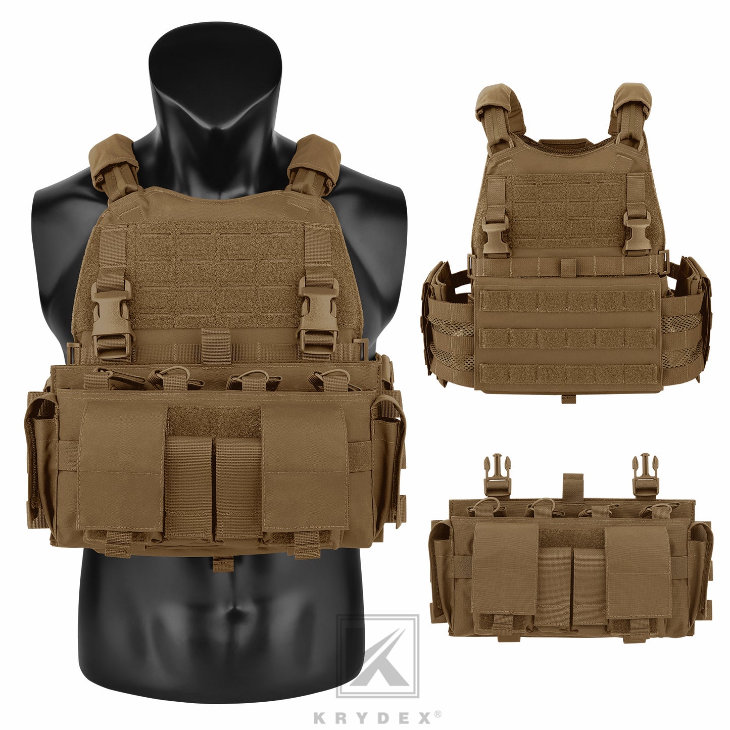 KRYDEX Tactical SCARAB Plate Carrier Heavy Duty Modular MOLLE Vest + MF IV Placard 556 & 9mm Magazine Pouch