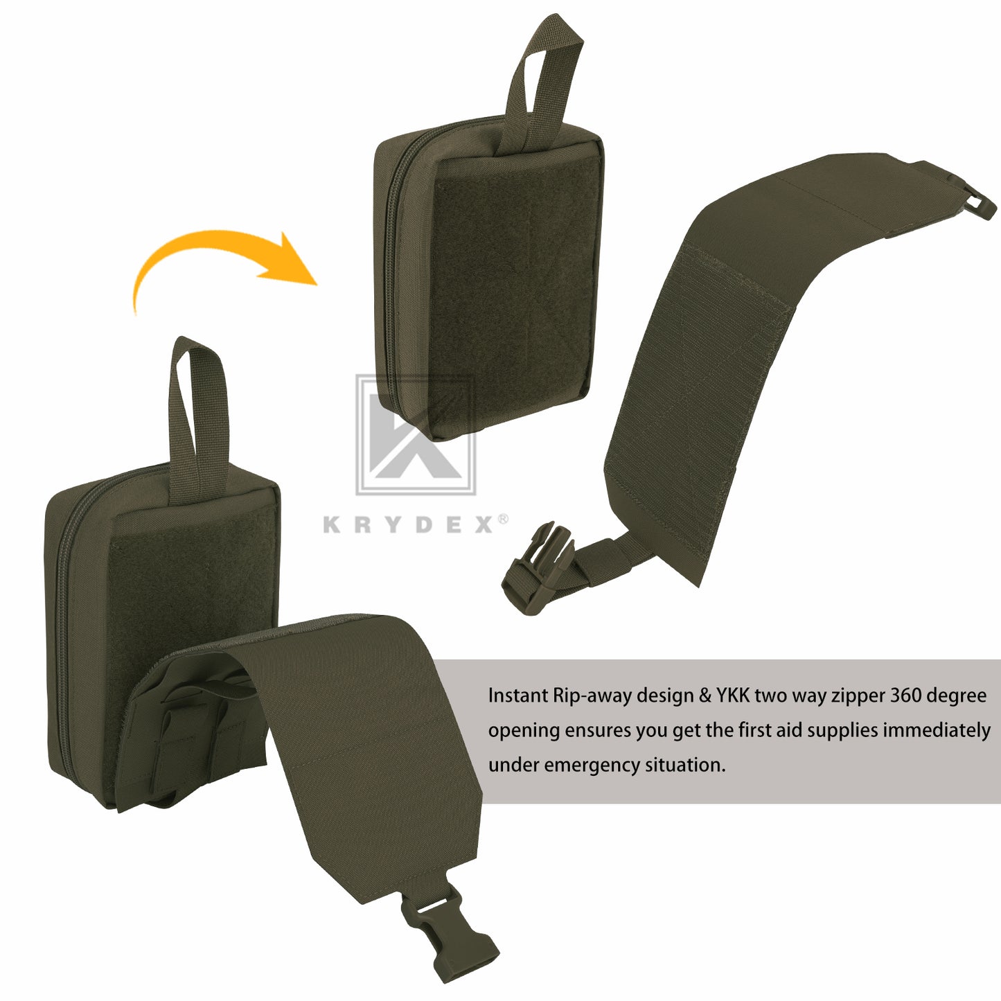 Krydex Tactical Rip Away Medical Pouch Tear Off First Aid IFAK Pouch Trauma Bag Molle & Belt Outdoor Emergency Survival Bag
