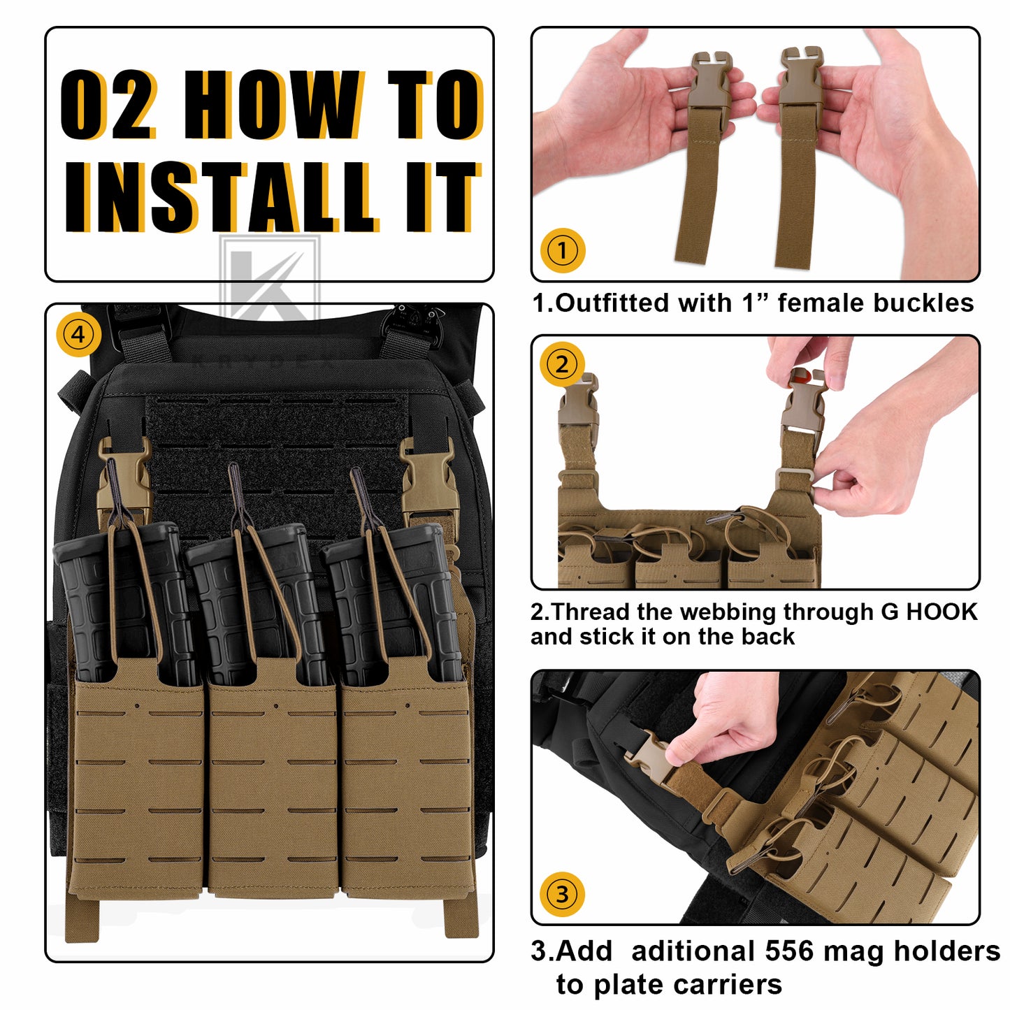 Krydex Tactical KTAR Front Flap 5.56 Triple Magazine Pouch for Tactical Vest Plate Carrier