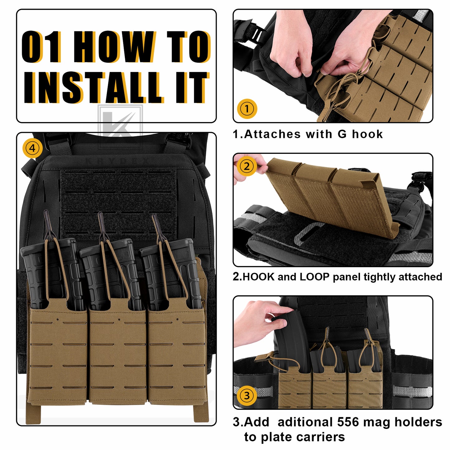 Krydex Tactical KTAR Front Flap 5.56 Triple Magazine Pouch for Tactical Vest Plate Carrier