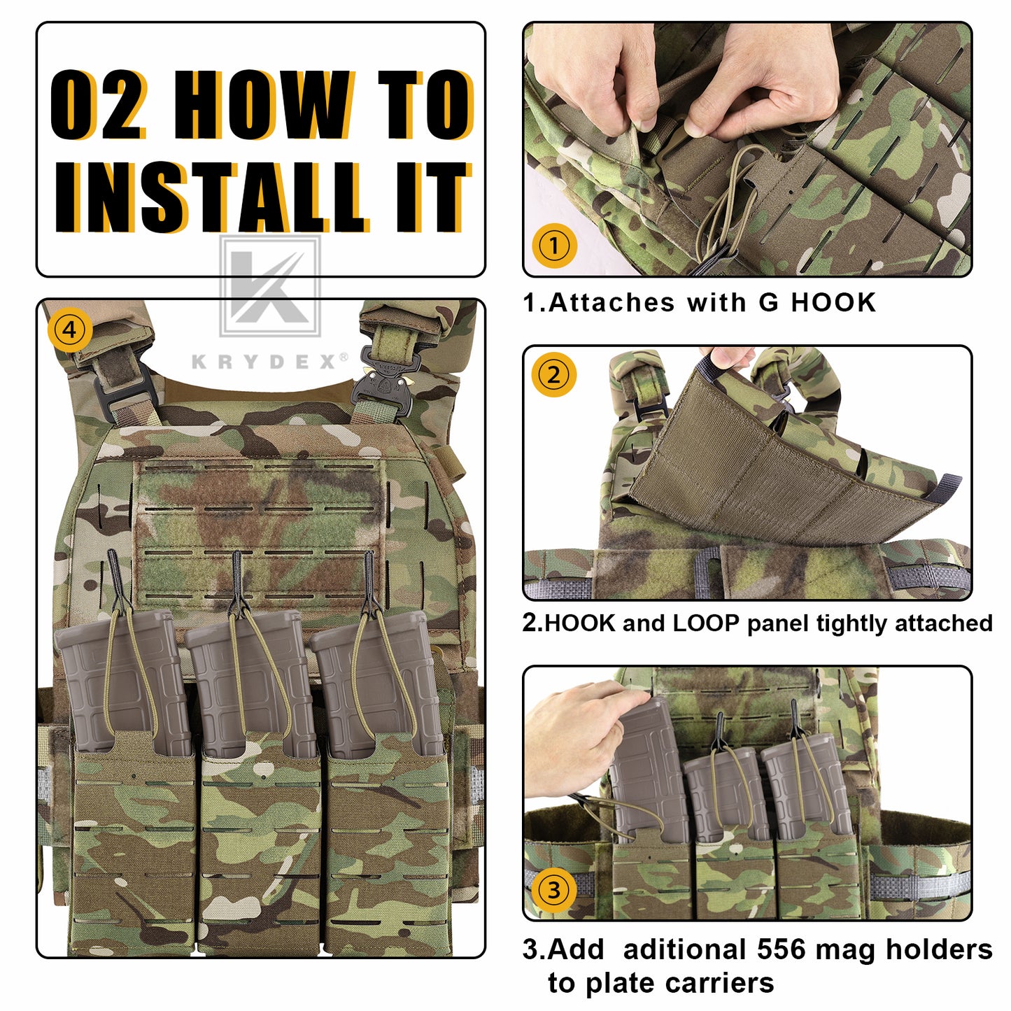 Krydex Tactical KTAR Front Flap 5.56 Triple Magazine Pouch for Tactical Vest Plate Carrier
