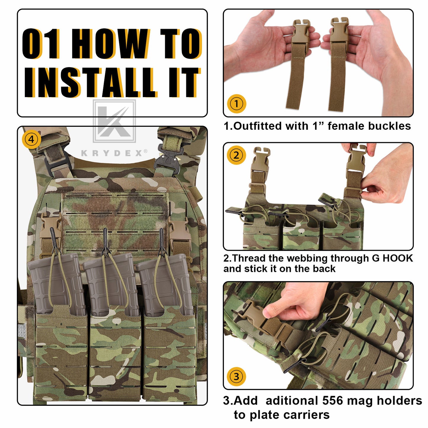 Krydex Tactical KTAR Front Flap 5.56 Triple Magazine Pouch for Tactical Vest Plate Carrier