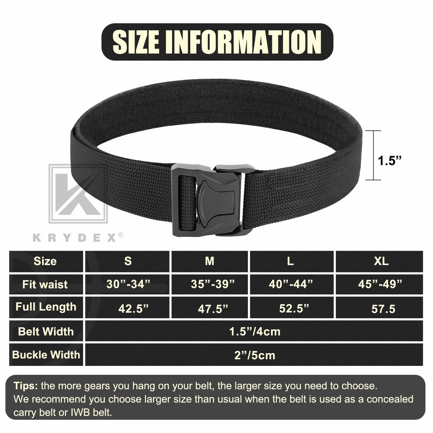 KRYDEX Quick Release 1.5" Tactical Heavy Duty Belt 2-Ply Nylon T-Buckle