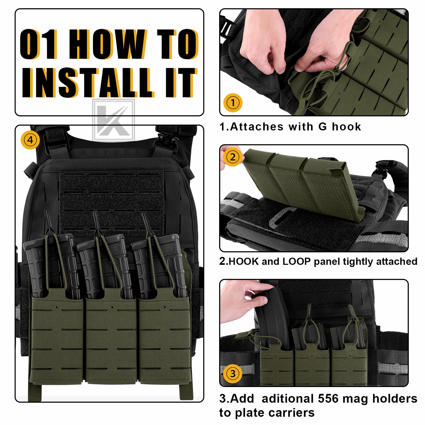 Krydex Tactical KTAR Front Flap 5.56 Triple Magazine Pouch for Tactical Vest Plate Carrier