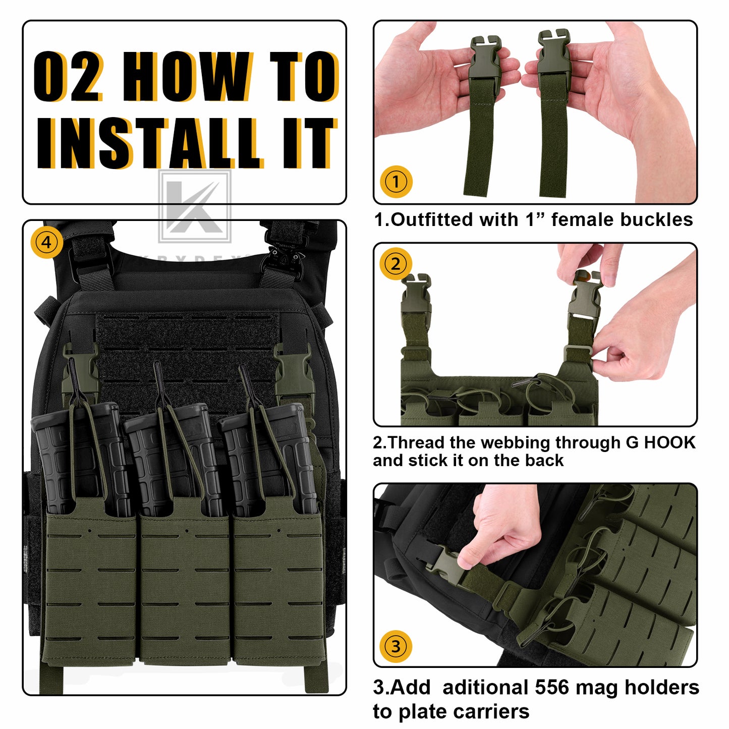 Krydex Tactical KTAR Front Flap 5.56 Triple Magazine Pouch for Tactical Vest Plate Carrier