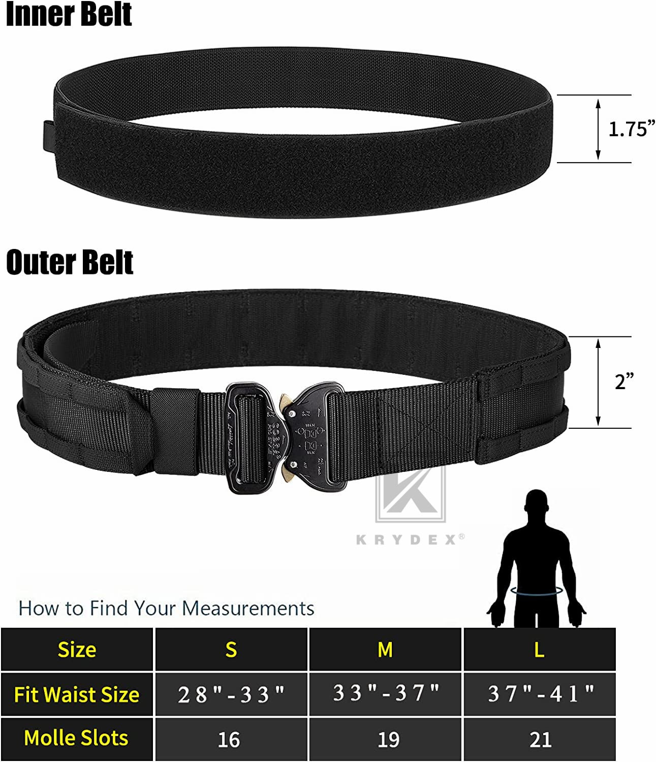 KRYDEX Tactical Molle Rigger Cobra Buckle Gun Heavy Duty 2"&1.75" Range Belt