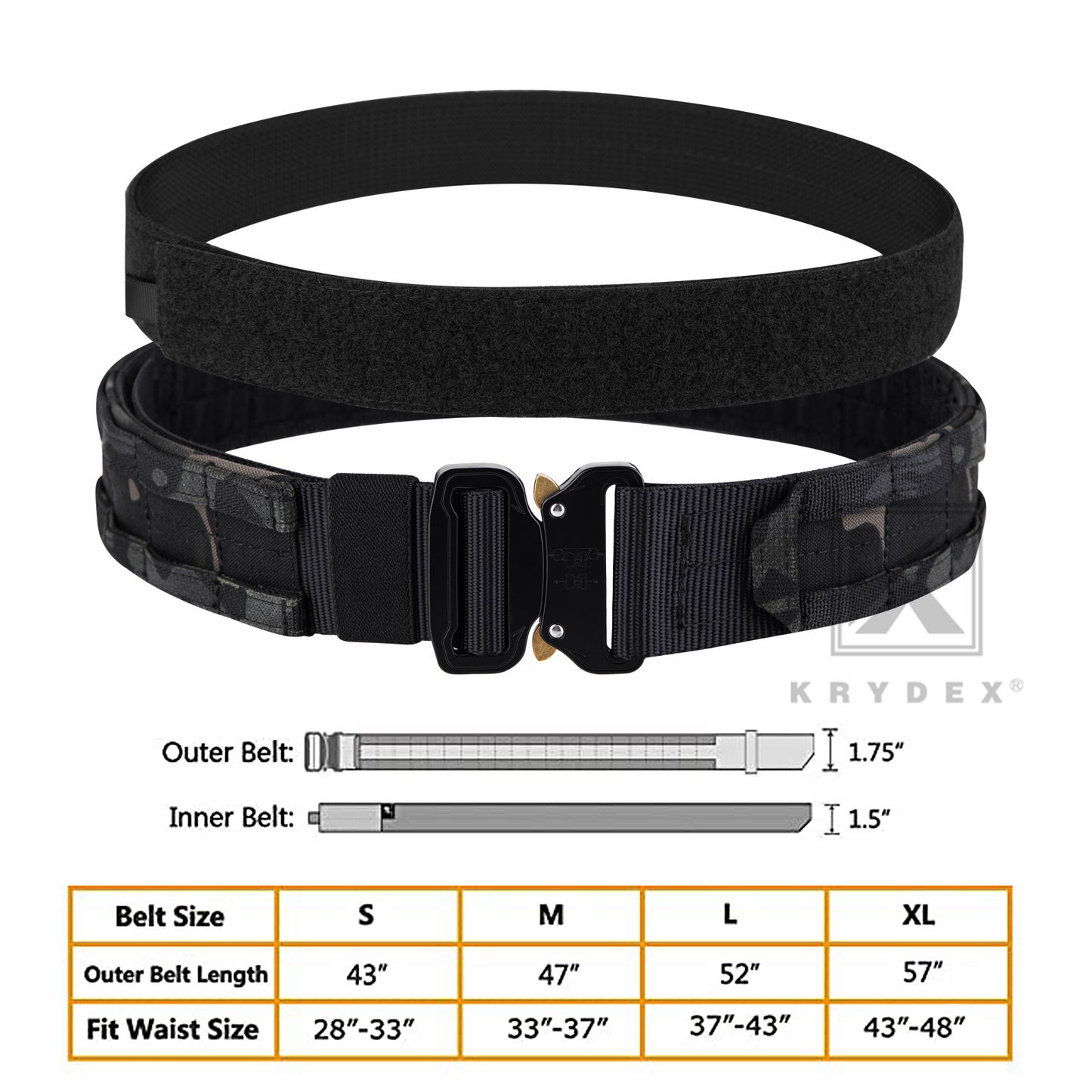 KRYDEX Quick Release 1.5"-1.75" Heavy Duty Metal Buckle Molle Rigger Outer & Inner Belt Airsoft Battle Tactical Outdoor Adjustable Waistband