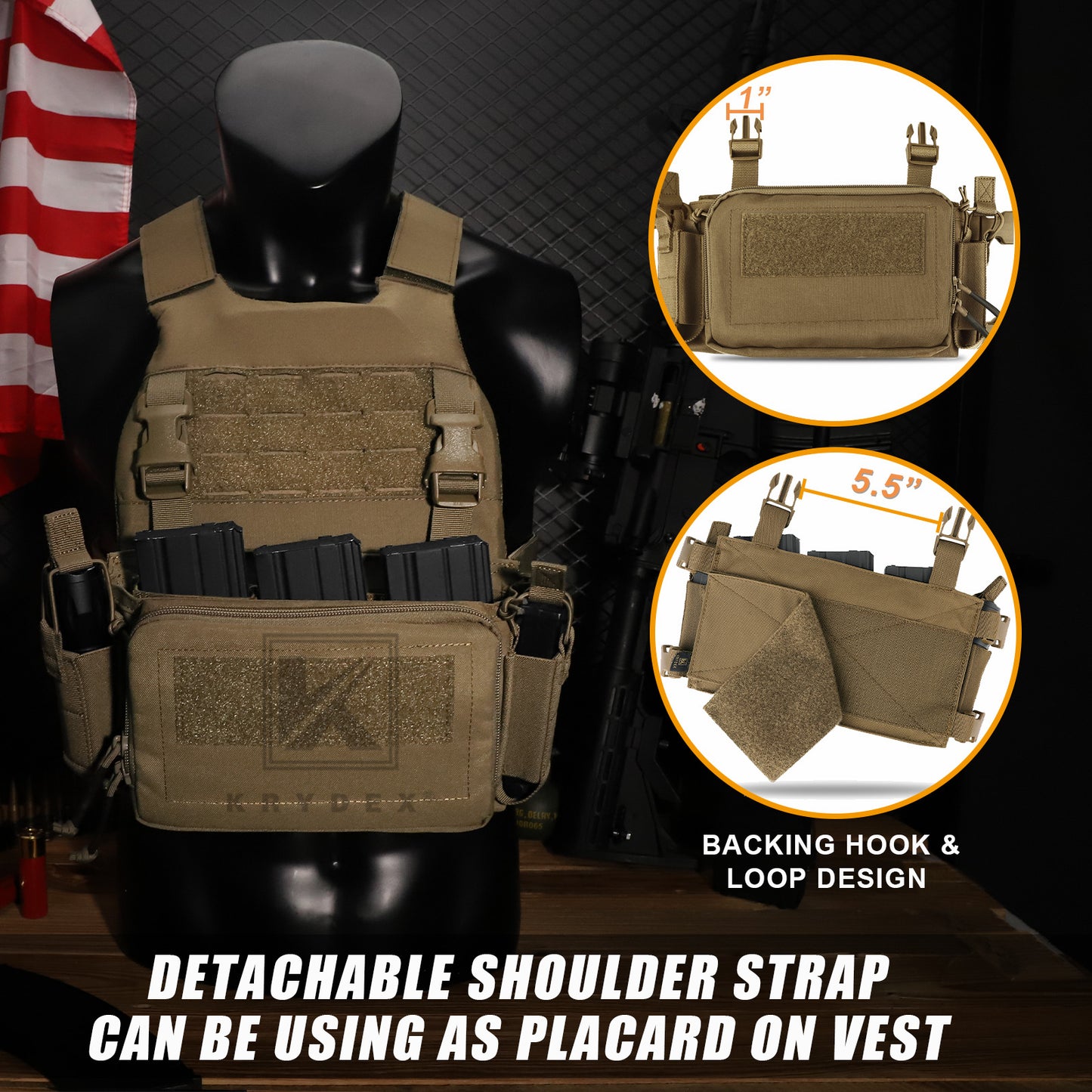 KRYDEX Tactical D3CR Chest Rig 5.56 7.62 Rifle Pistol Mag Pouch Placard Carrier with D3 Flatpack Tactical Backpack