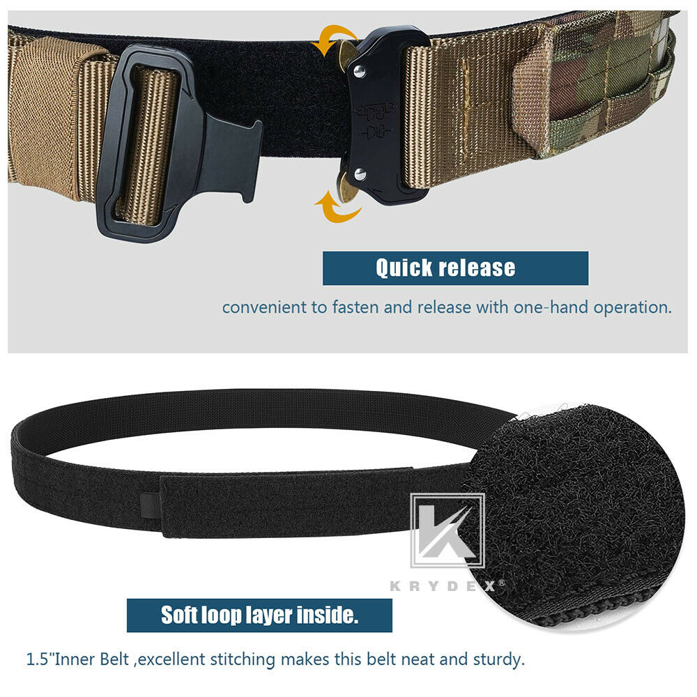 KRYDEX Quick Release 1.5"-1.75" Heavy Duty Metal Buckle Molle Rigger Outer & Inner Belt Airsoft Battle Tactical Outdoor Adjustable Waistband