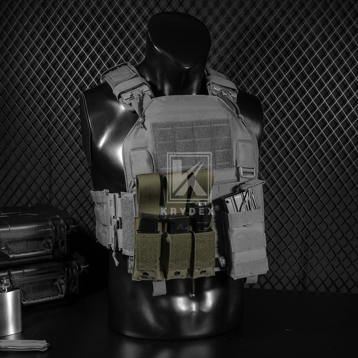 Krydex Tactical 9mm Triple Mag Pouch Modular Single / Double Stack Pistol Magzine Holder MOLLE Compatible