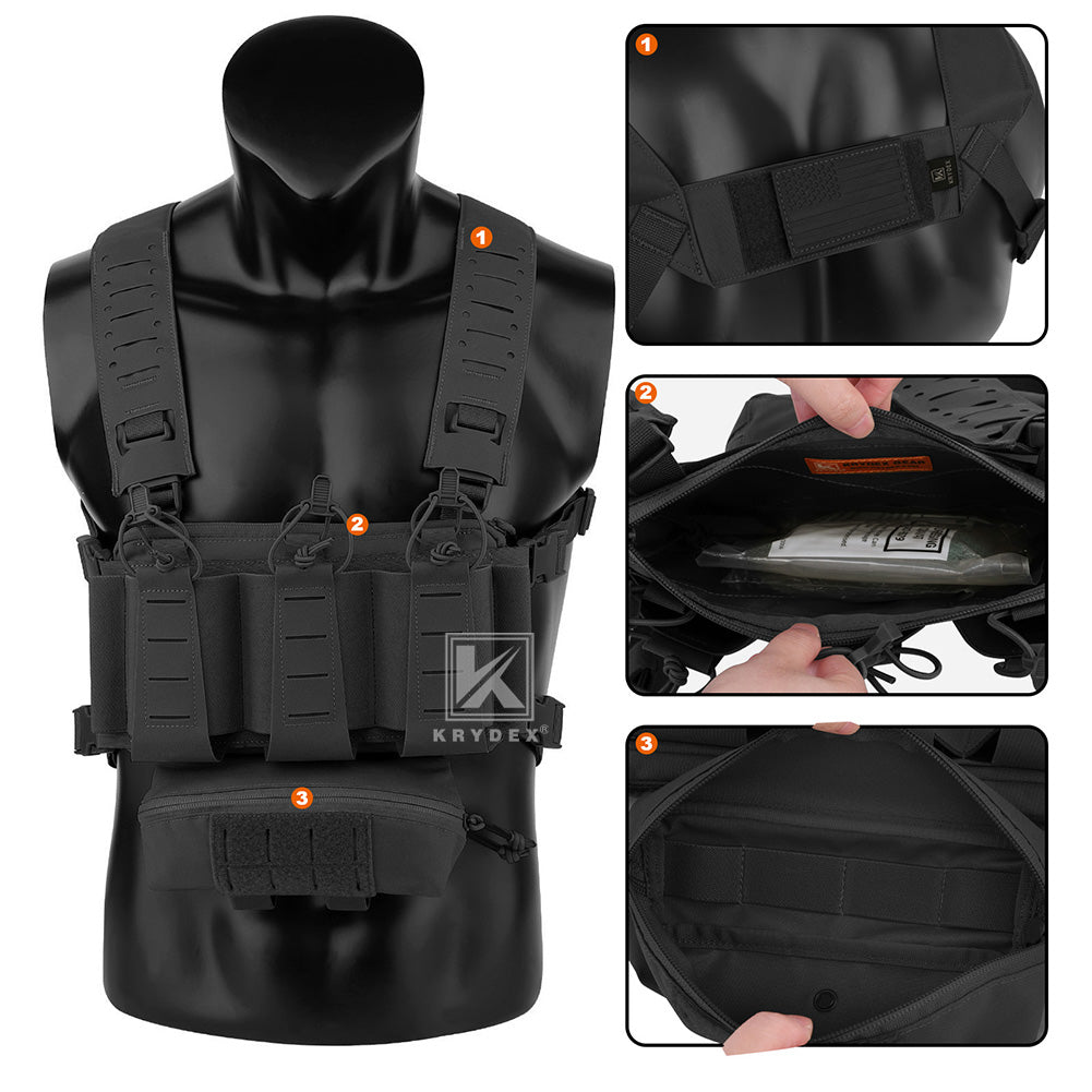 Krydex Tactical Chest Rig Triple Elastic 556 Magazine Pouch Placard GP Pouch Mini Drop Dangler Pouch