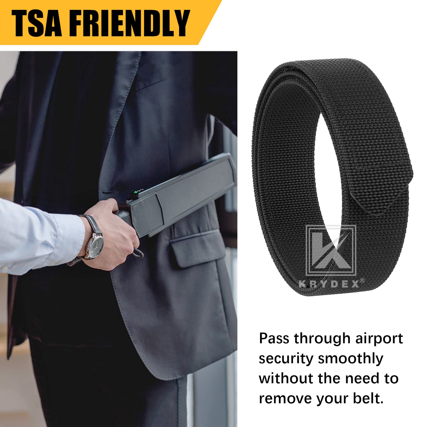 Krydex Buckleless Duty Belt No-Scratch Nylon Belt 1.5" No Metal Buckle Belt w/Hook & Loop Closure Adjustable for Work Travel Mechanic Driver