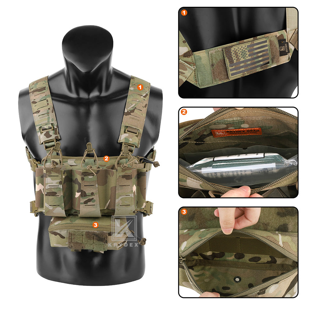 Krydex Tactical Chest Rig Triple Elastic 556 Magazine Pouch Placard GP Pouch Mini Drop Dangler Pouch