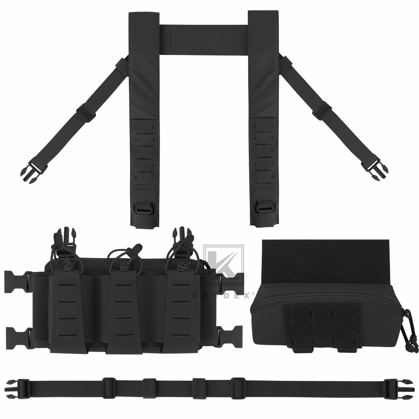 Krydex Tactical Chest Rig Triple Elastic 556 Magazine Pouch Placard GP Pouch Mini Drop Dangler Pouch