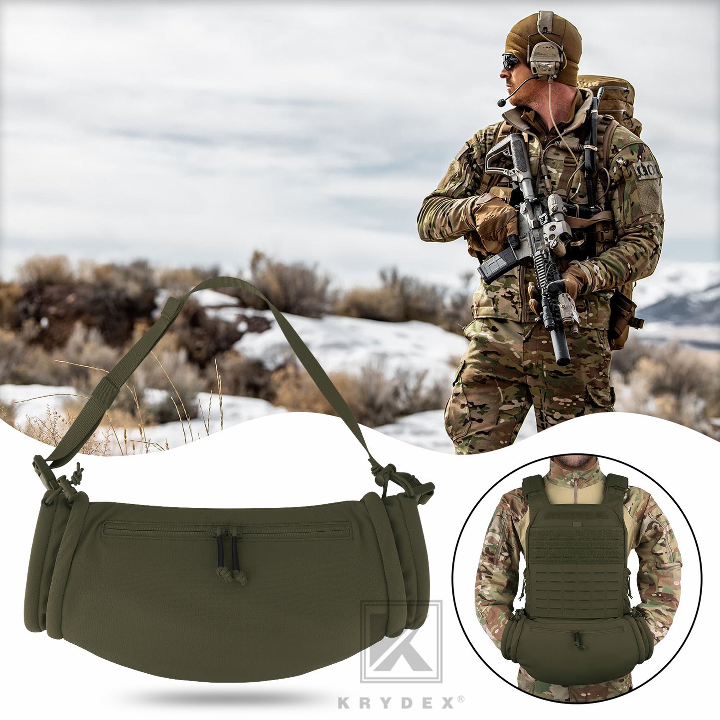 Krydex Tactical Soft Shell Hand Warmer Muff Sherpa Fleece Lined Muffler Water-Resist Vest Drop Hanger Warmer Pouch Outdoor Winter Hunting Field Survival