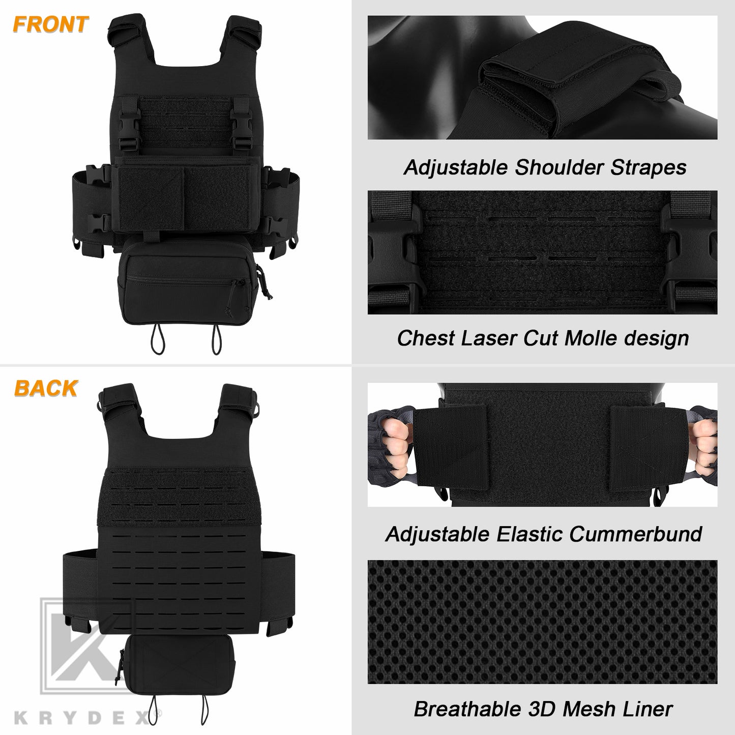 KRYDEX Low Vis Slick Plate Carrier FCS Tactical Molle Vest Elastic Cummerbund Micro Fight MK3 Chassis Drop SACK Pouch