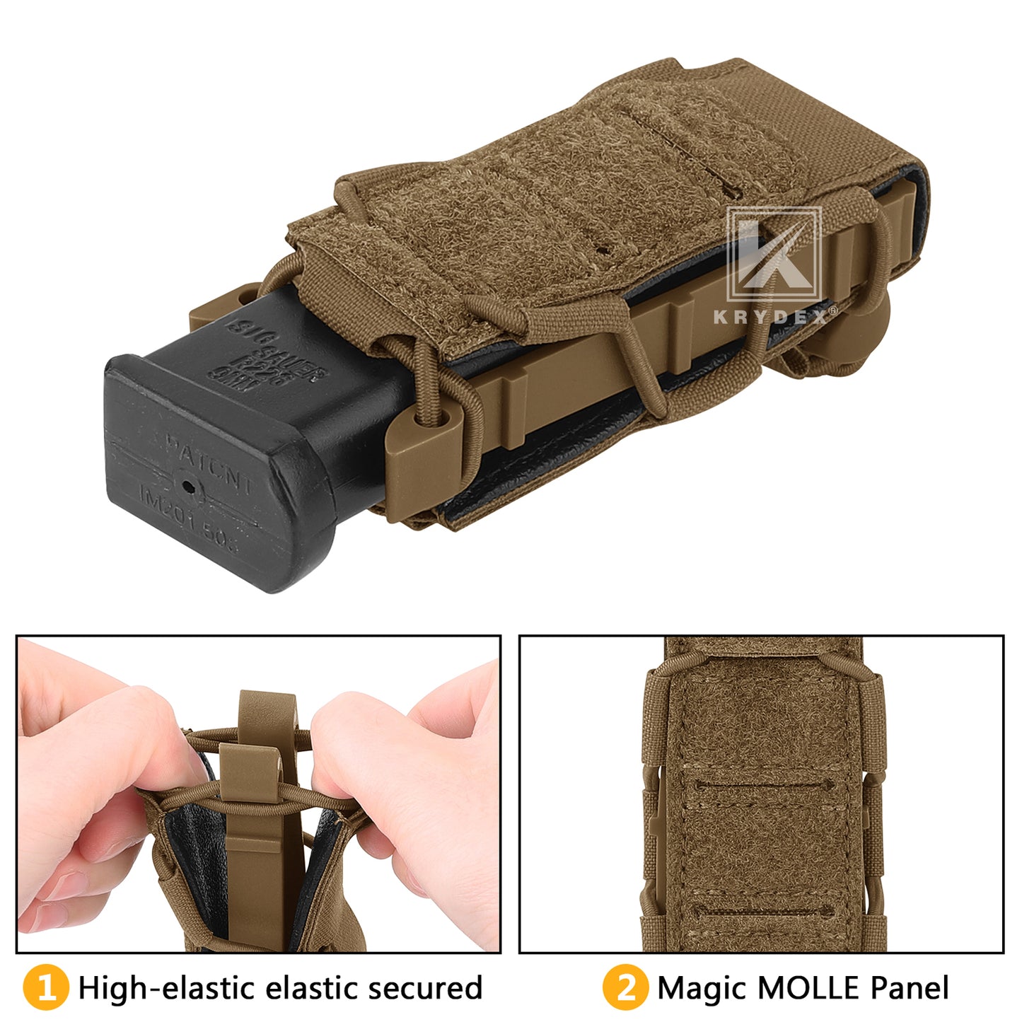 Krydex Tactical 9mm Magazine Pouch Open Top Pistol Mag Carrier Rapid Access MOLLE Compatible