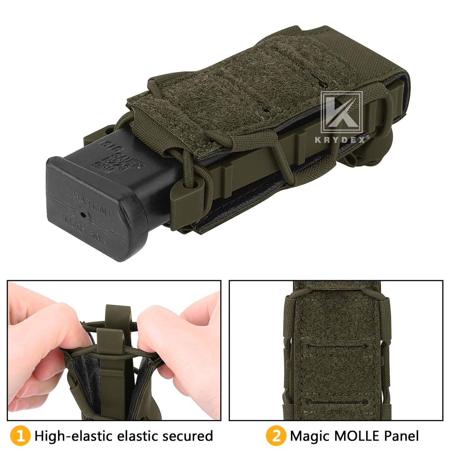 Krydex Tactical 9mm Magazine Pouch Open Top Pistol Mag Carrier Rapid Access MOLLE Compatible