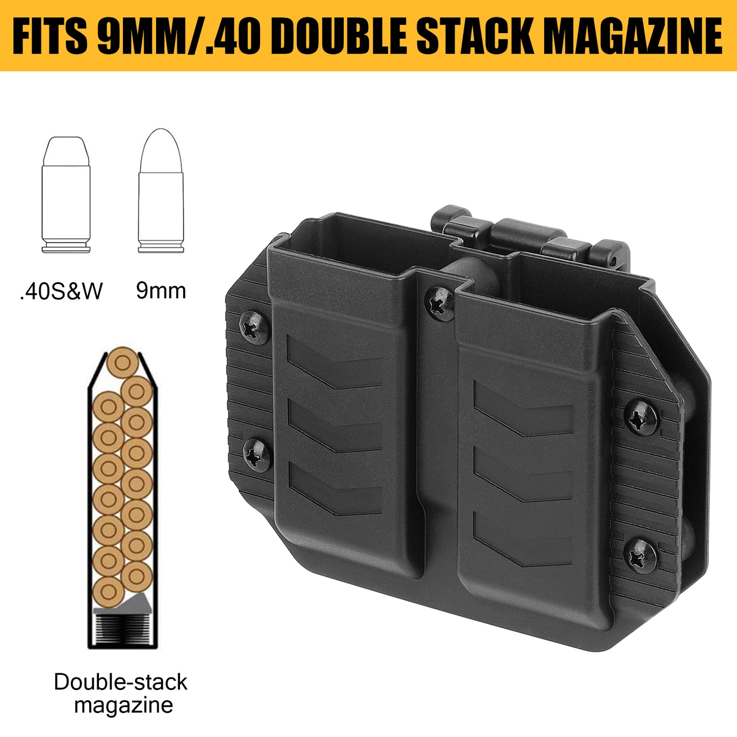 Krydex 9mm Double Stack Magazine Pouch 360° Rotatable Clip Fits 9mm/.40/.45 Double-Stack Mags Adjustable Retention Dual-Lock Mount for 1.5"-2.25" Belts & MOLLE