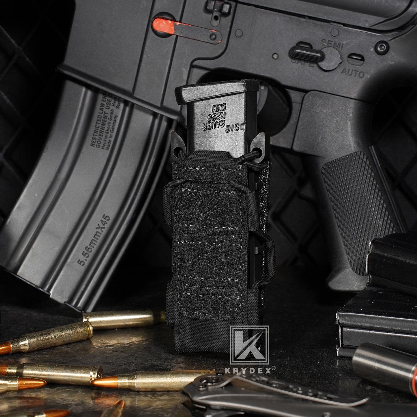 Krydex Tactical 9mm Magazine Pouch Open Top Pistol Mag Carrier Rapid Access MOLLE Compatible