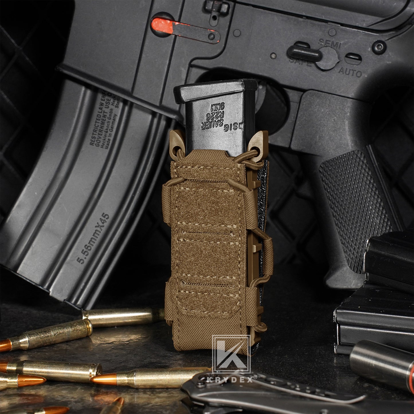 Krydex Tactical 9mm Magazine Pouch Open Top Pistol Mag Carrier Rapid Access MOLLE Compatible