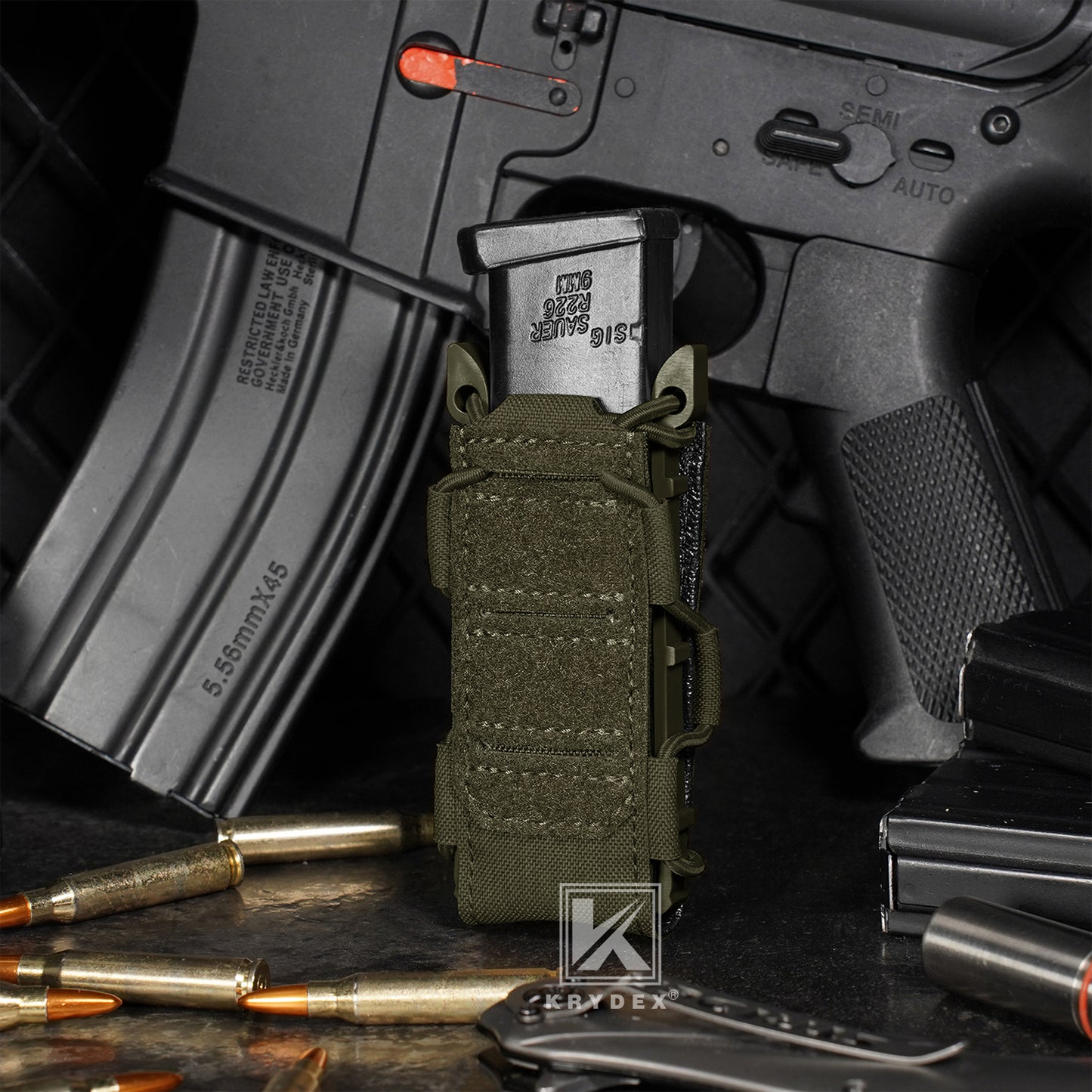 Krydex Tactical 9mm Magazine Pouch Open Top Pistol Mag Carrier Rapid Access MOLLE Compatible