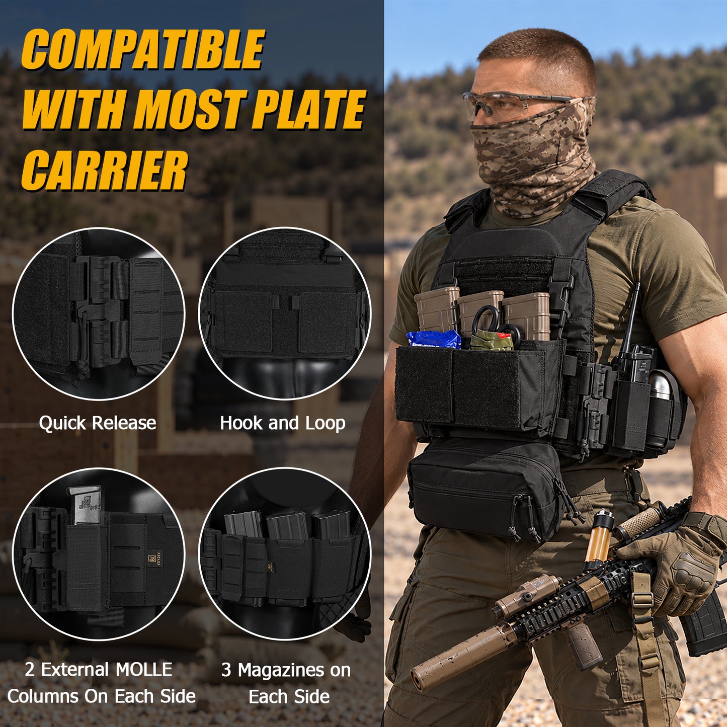 Krydex Tactical Modular Elastic Cummerbund Quick Release Buckle Vest Cummerbund Adjustable Triple Mag Holders Band Fits for K-Zero, JPC, CPC , LBT, FCPC