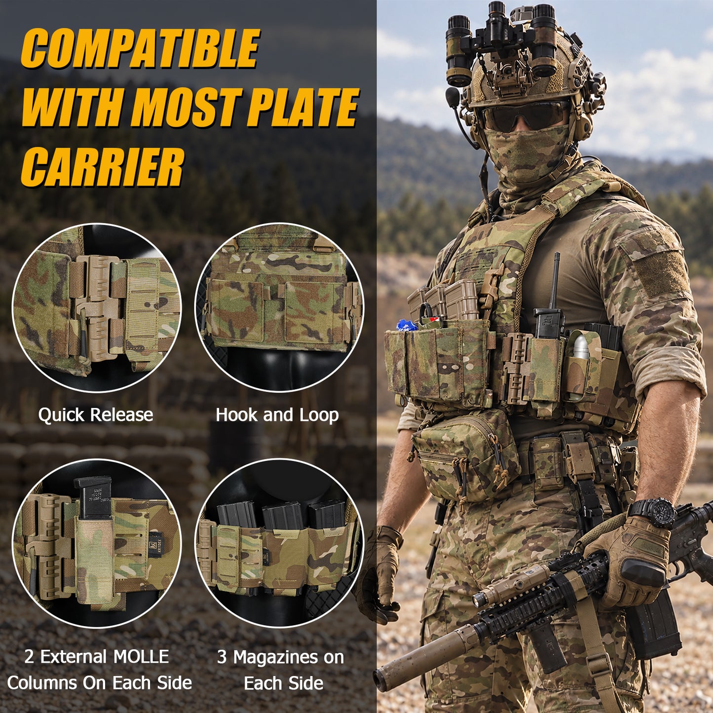 Krydex Tactical Modular Elastic Cummerbund Quick Release Buckle Vest Cummerbund Adjustable Triple Mag Holders Band Fits for K-Zero, JPC, CPC , LBT, FCPC