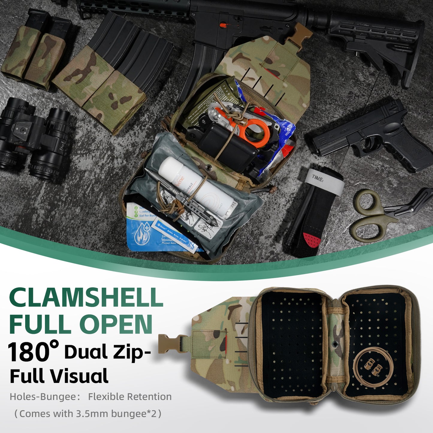 Krydex Tactical Rapid IFAK Pouch – Quick Release Tear-Off Medical Organizer MOLLE/Belt Mountable Trauma Kit 180° Flat Opening with Tourniquet & Shears Holder 500D Cordura