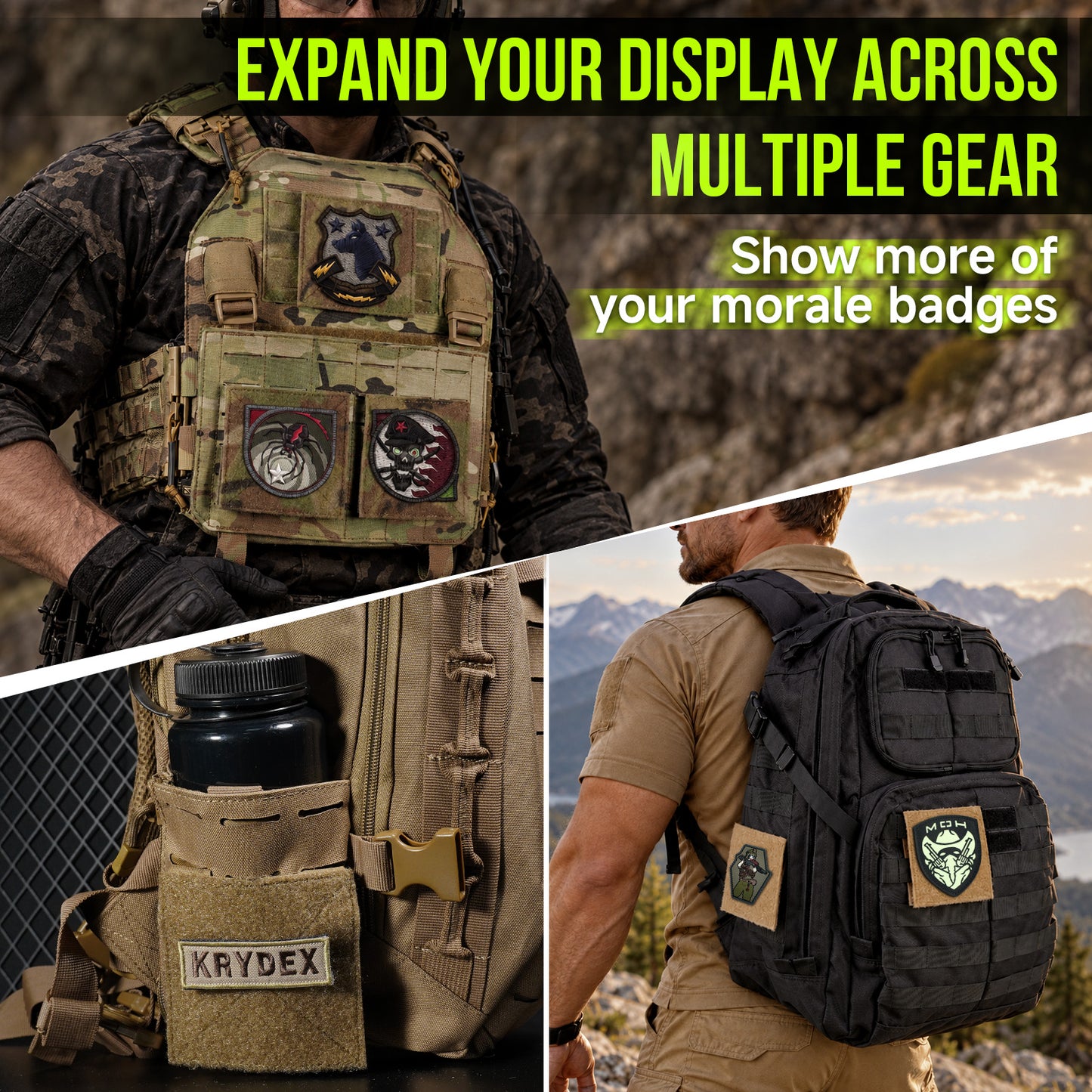 Krydex 4-Pack 4x4 Inch Dual-Sided Molle Patch Panel Hook & Loop Adapter Board for Patches Pouches & Accessories Reversible Hook/Loop Surface for Vests Backpacks & Tactical Gear Heavy-Duty Nylon